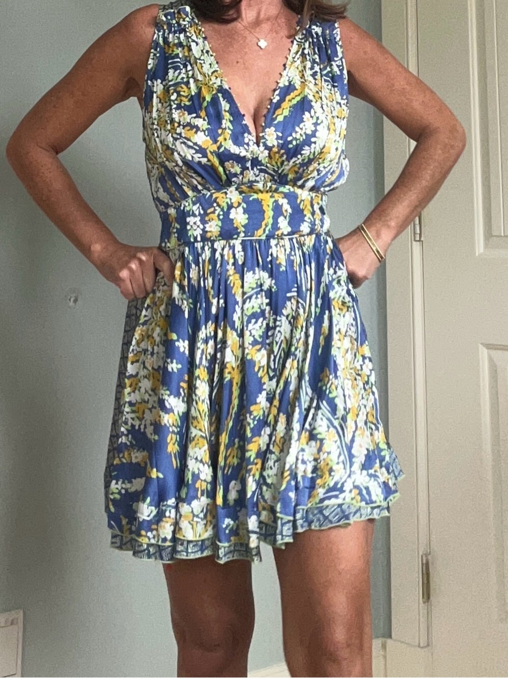 Poupette St. Barth Blue Floral V-Neck “Bessie” Mini Dress NWT